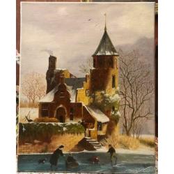 Klassiek schilderij winter met kerk, olieverf op doek 50x40