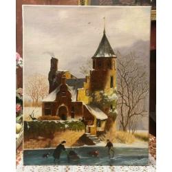 Klassiek schilderij winter met kerk, olieverf op doek 50x40