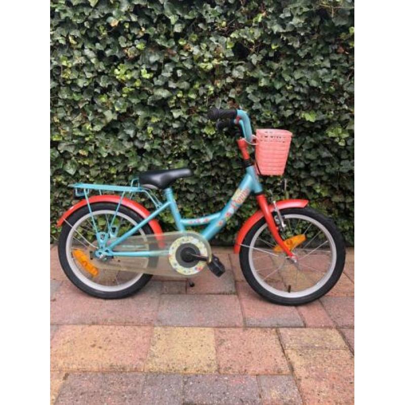 16 inch meisjes fiets metallic rood met groen en mandje