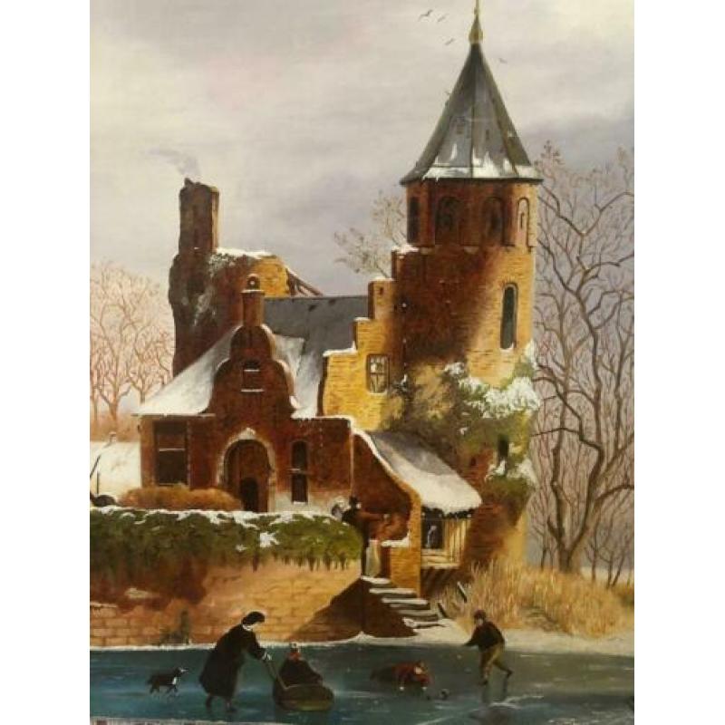 Klassiek schilderij winter met kerk, olieverf op doek 50x40