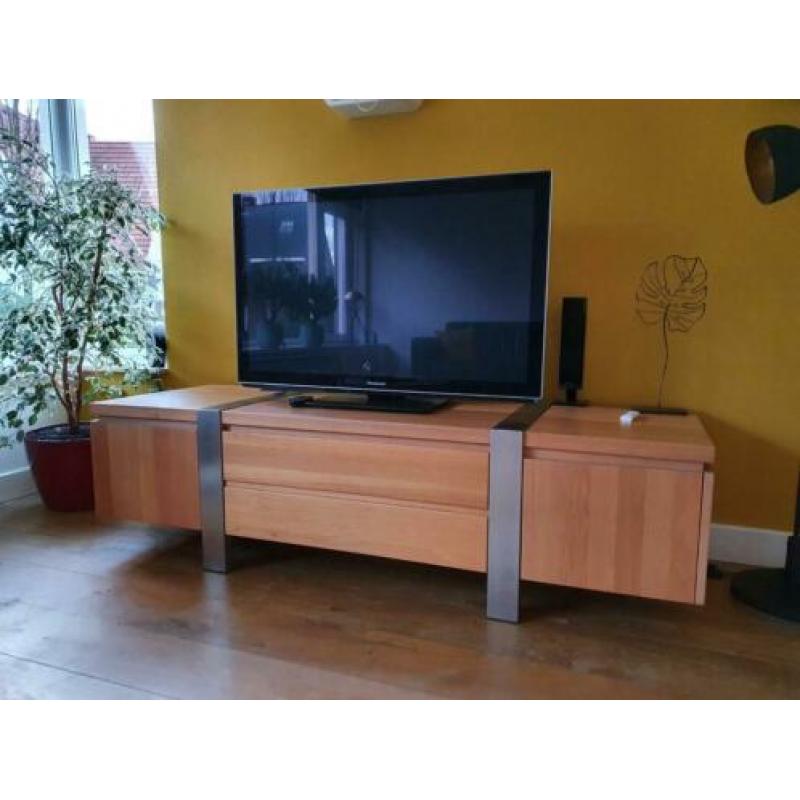 Naturel eiken tv-kast met rvs frame